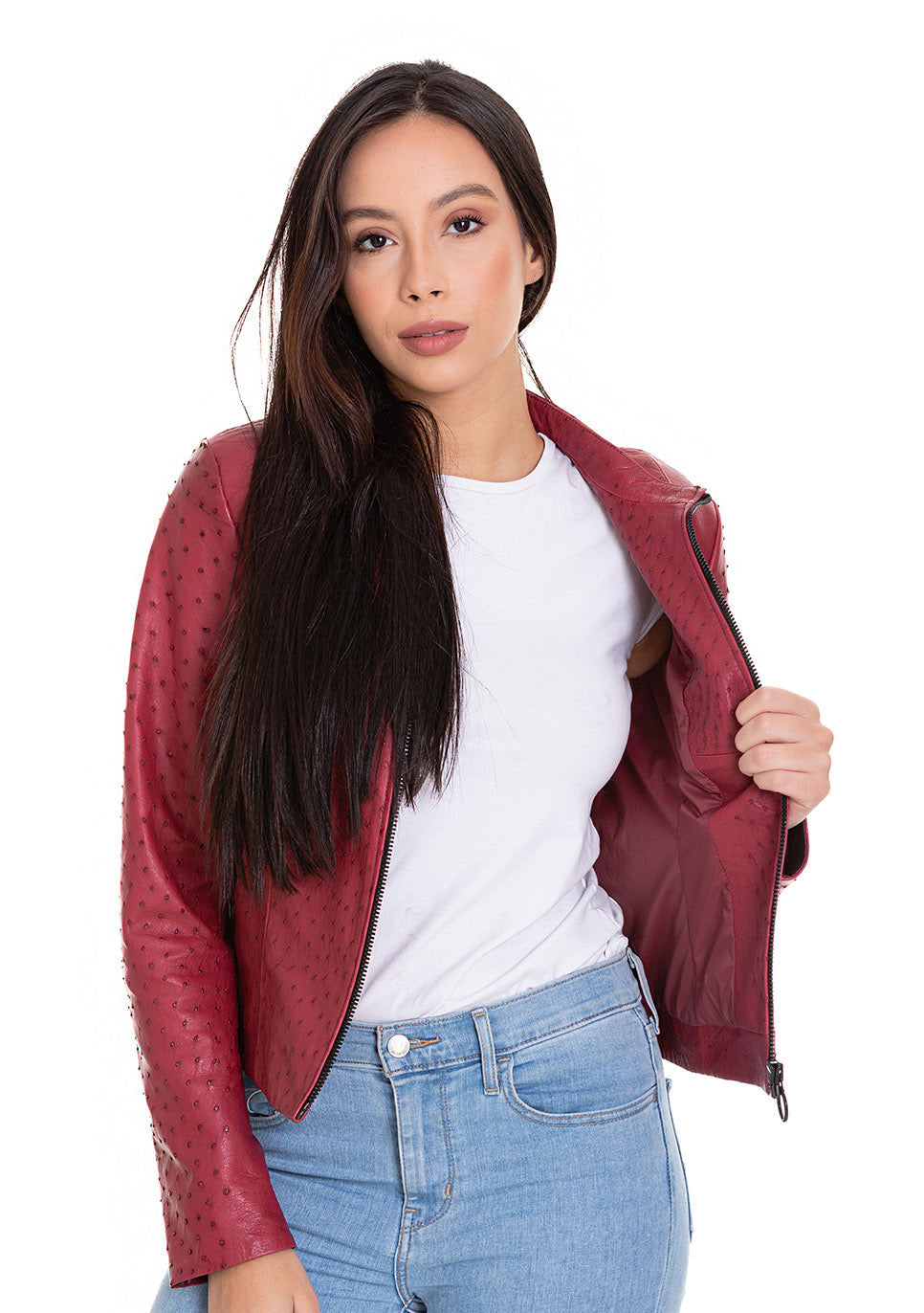The Comly Burgundy Ostrich Leather Women Jacket