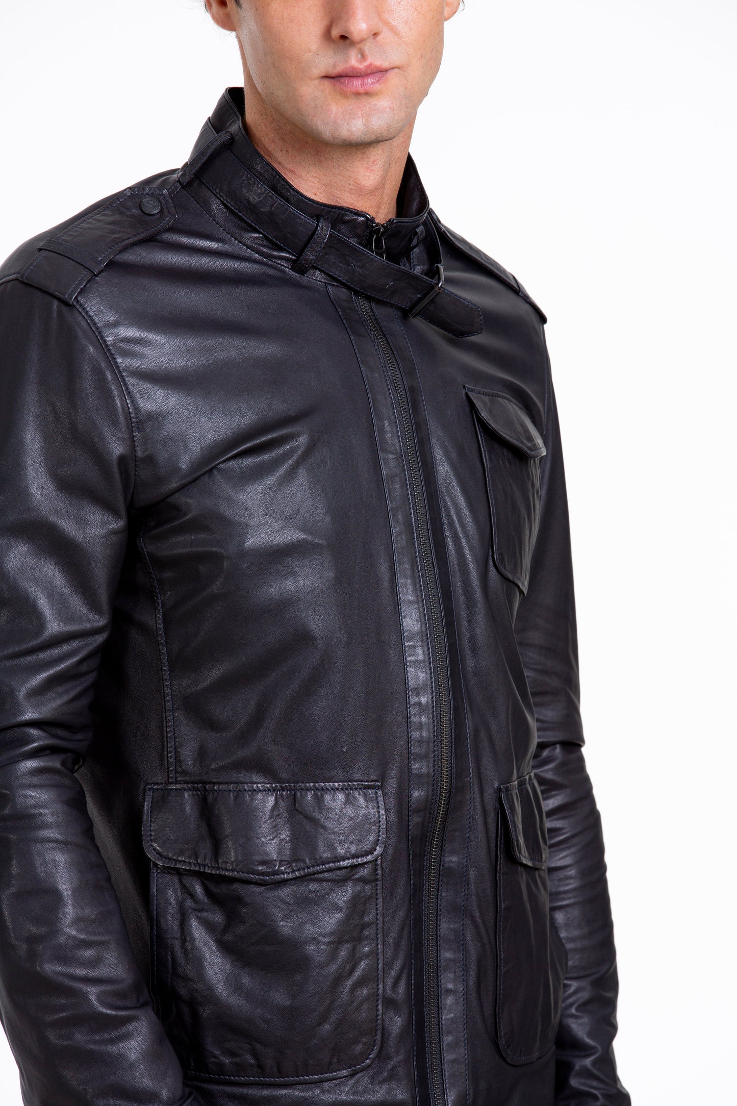 The Karabanchel Navy Blue Leather Men Jacket