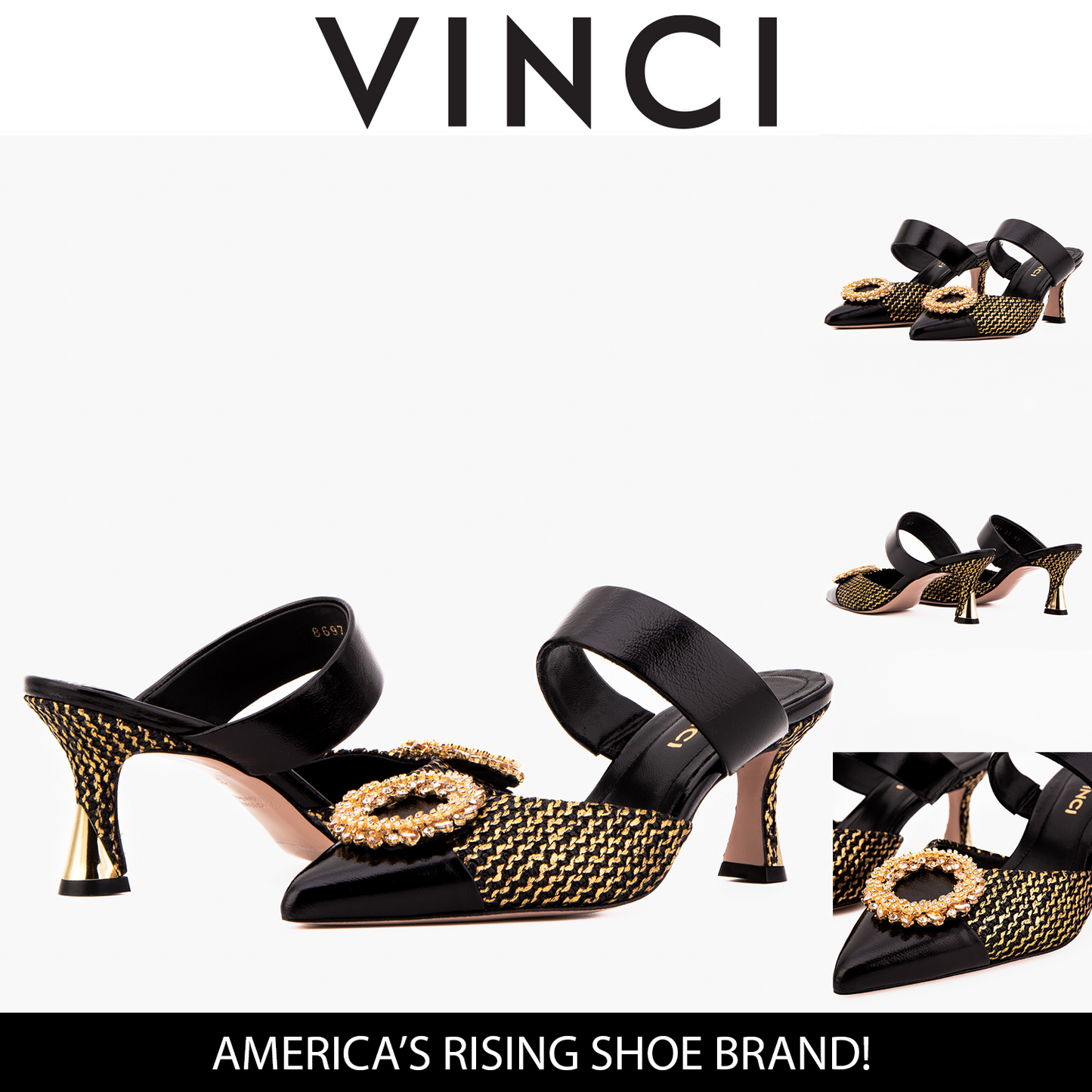 The Valencia Black & Gold Jewel Heel Women Mule Sandal