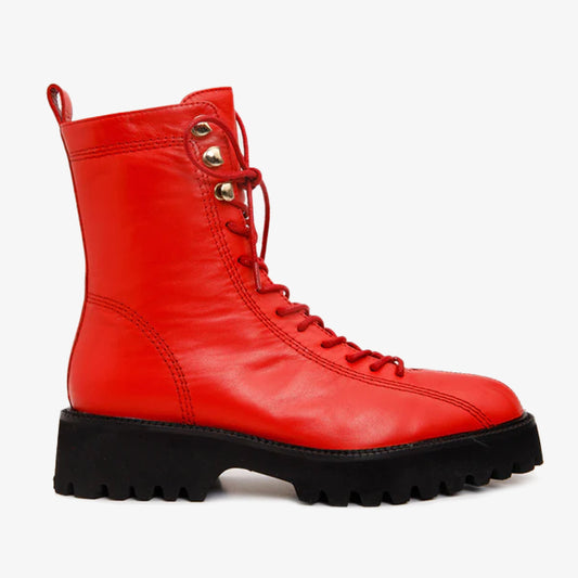 The Moreno Red Leather Lace-Up Mid Calf Women Boot Final Sale!