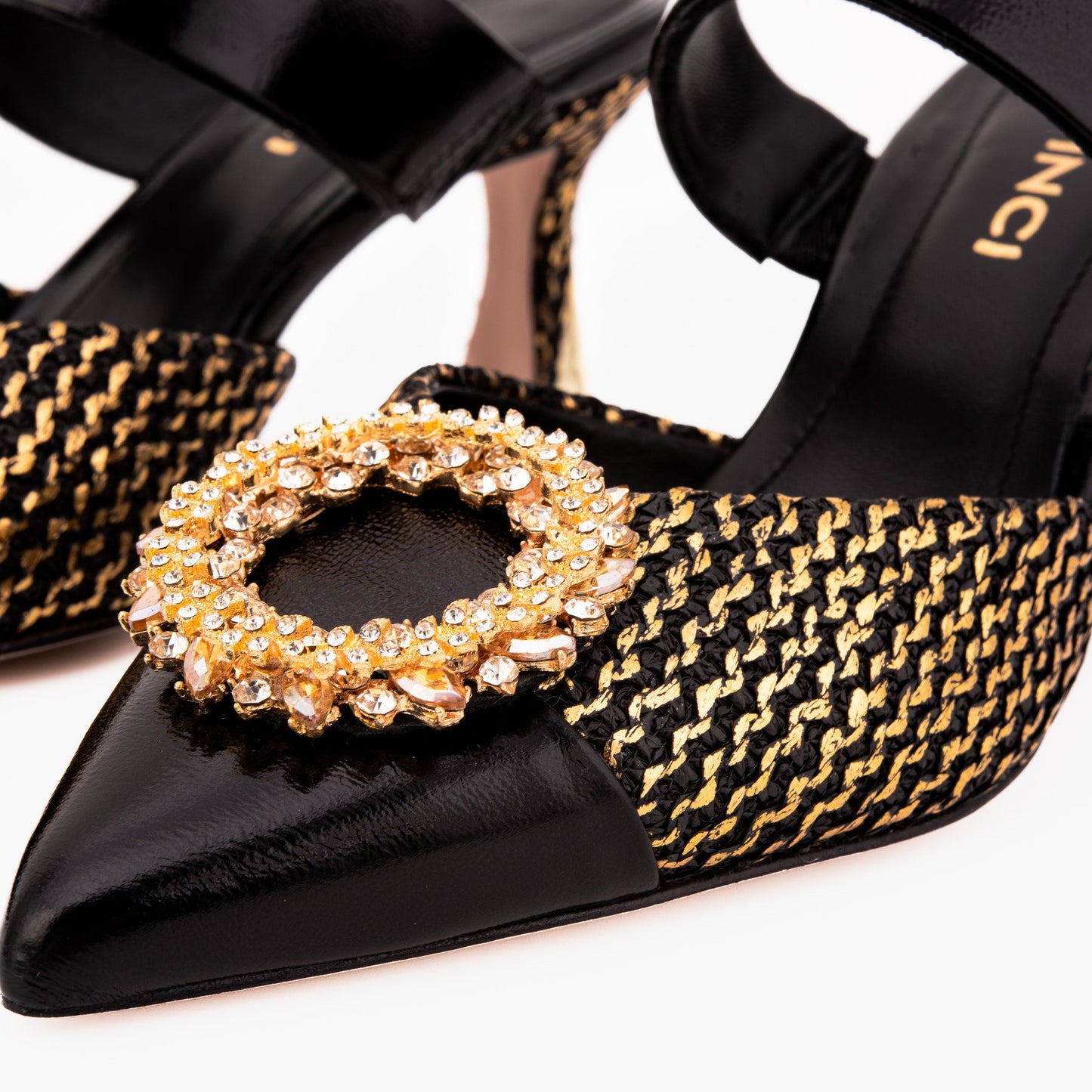 The Valencia Black & Gold Jewel Heel Women Mule Sandal