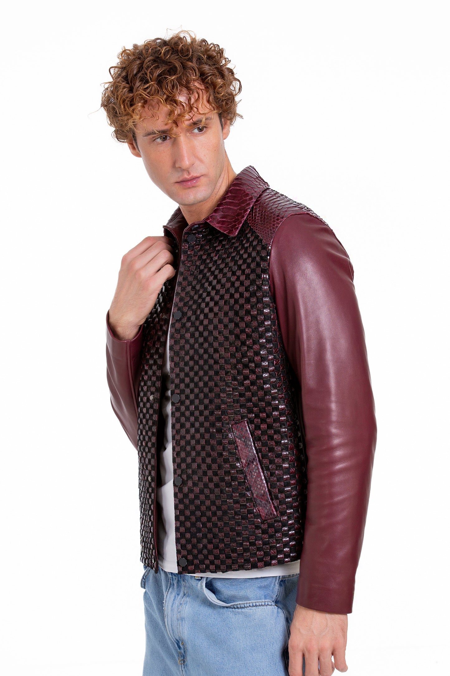 The Bedford Pythn Skin Handwoven Leather Burgundy Men Jacket