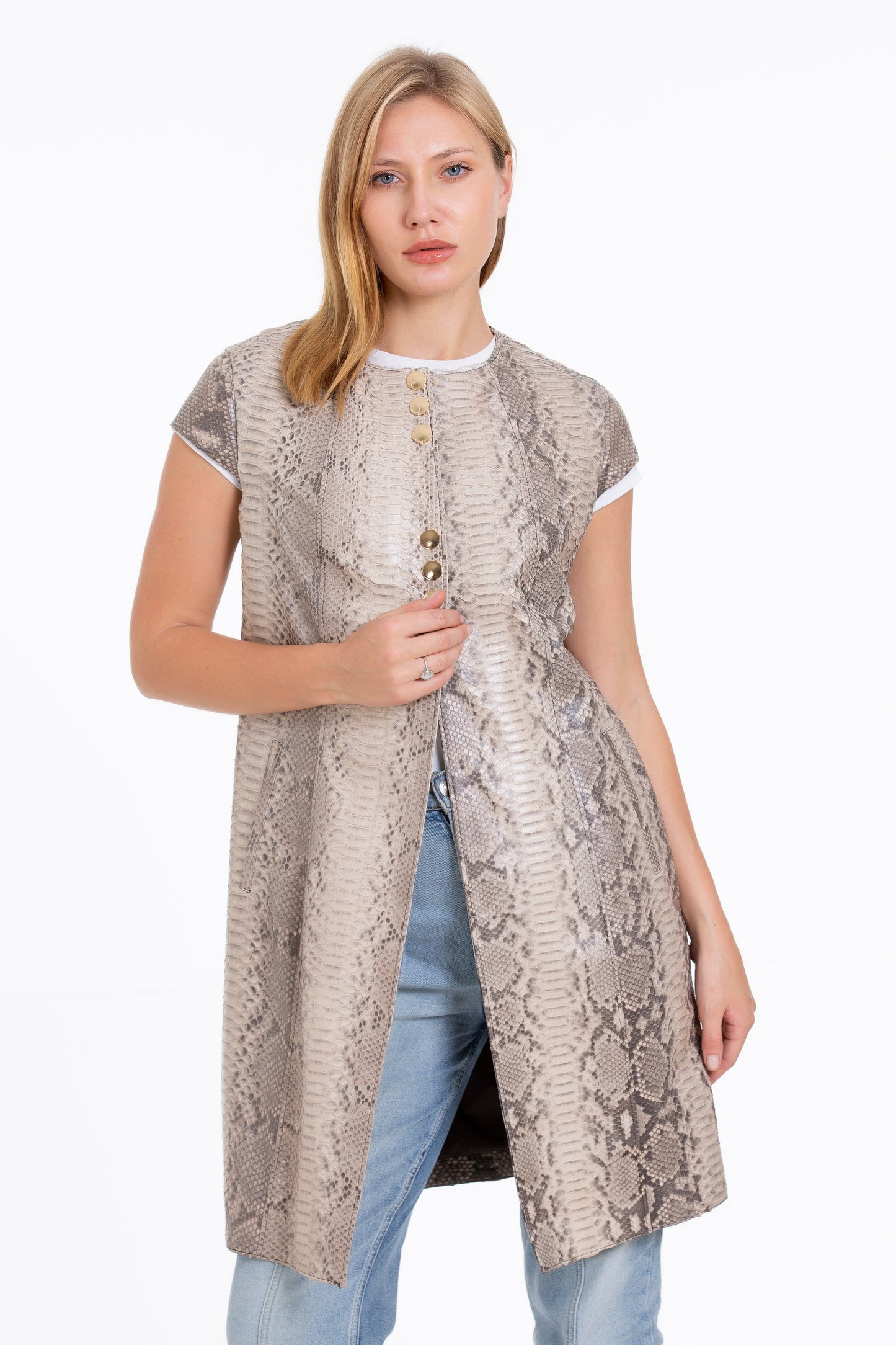 The Principe Pythn Skin Leather Natural Zip-Up Vest Women Jacket