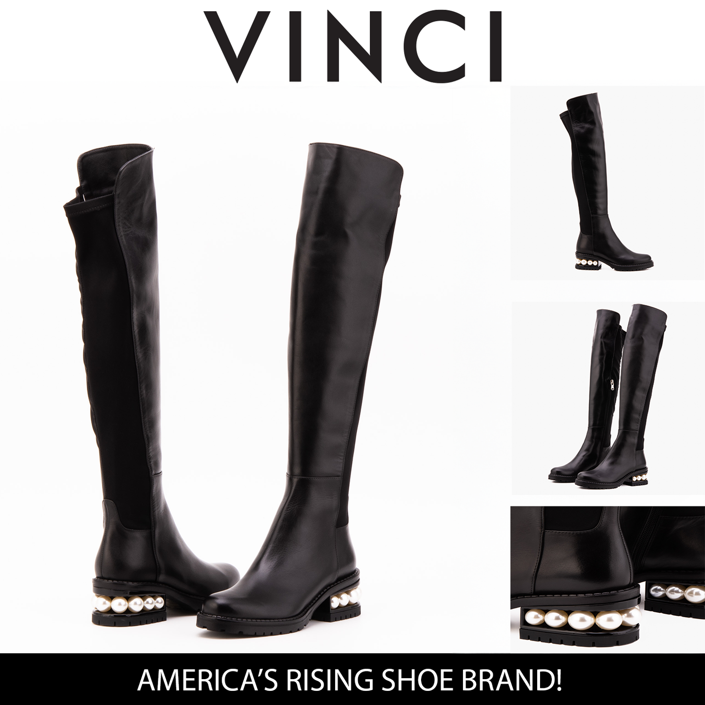 The Valeria Pearl Heel Knee-High Women Black Leather Boot