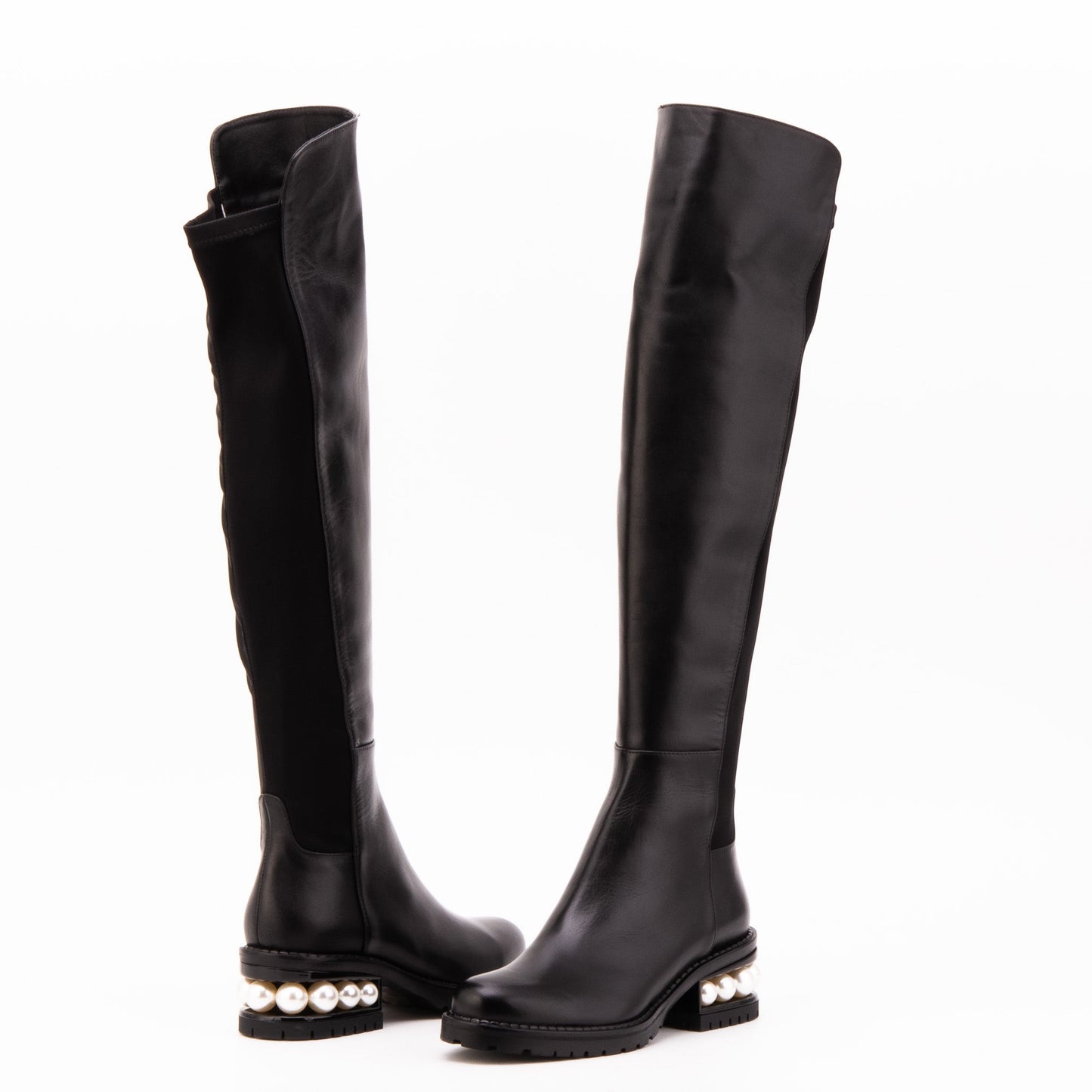 The Valeria Pearl Heel Knee-High Women Black Leather Boot