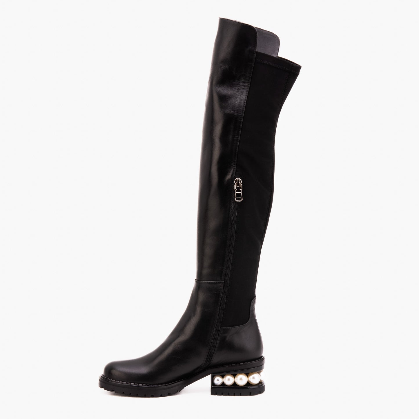 The Valeria Pearl Heel Knee-High Women Black Leather Boot