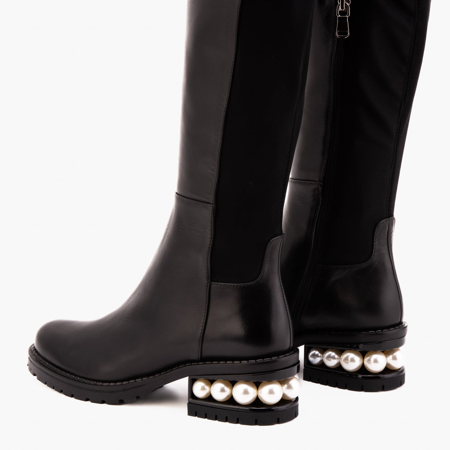 The Valeria Pearl Heel Knee-High Women Black Leather Boot